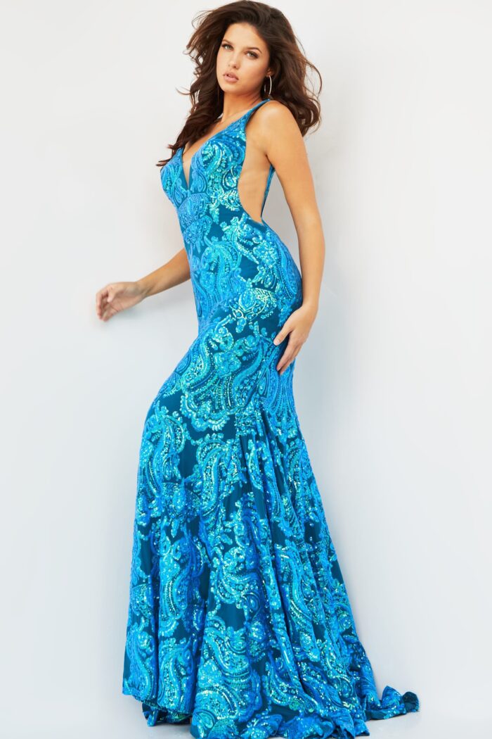 Model wearing Jovani 08646 Iridescent Royal Plunging Neck Fitted Gown