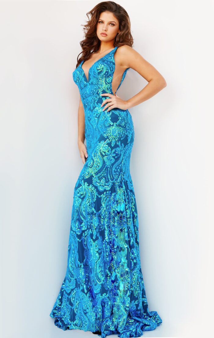 Model wearing Jovani 08646 Iridescent Royal Plunging Neck Fitted Gown