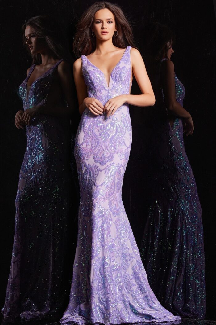 Model wearing Lilac Backless Mermaid Dress 08646