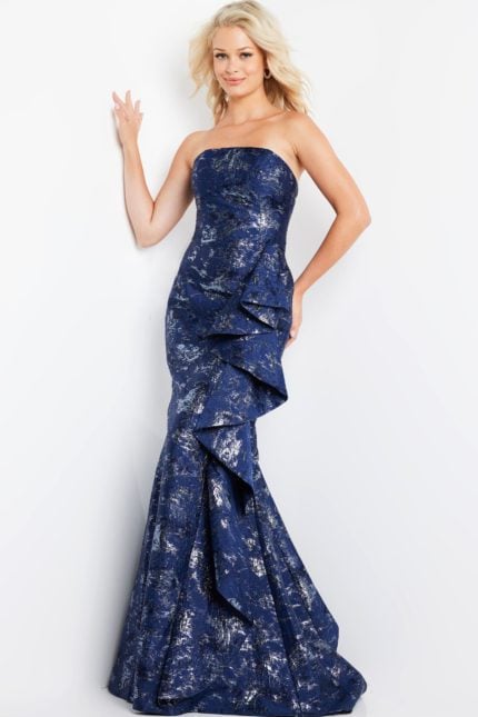 model wearing Jovani 08685 navy strapless mermaid dress front view