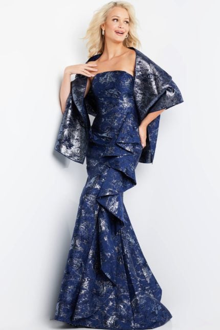 model wearing Jovani 08685 navy strapless mermaid dress front view