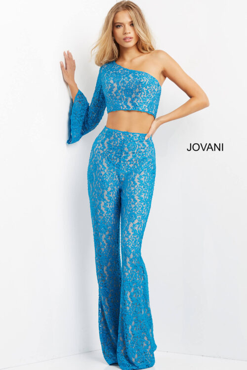 Model wearing Jovani 08693 Royal Two Piece Lace Contemporary Jumpsuit