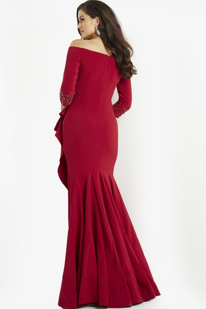 Model wearing Jovani 08699 Cranberry Off the Shoulder Dress