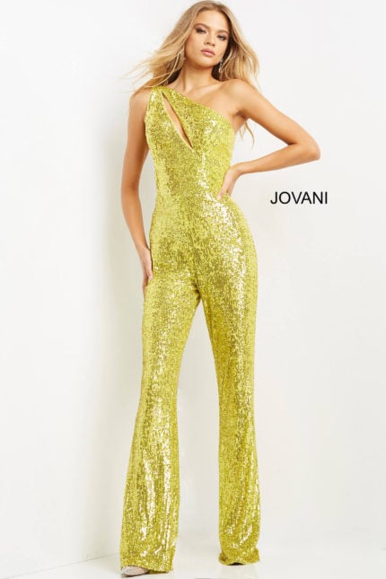 Model wearing Jovani 09017 yellow sequined one-shoulder jumpsuit with cutout.