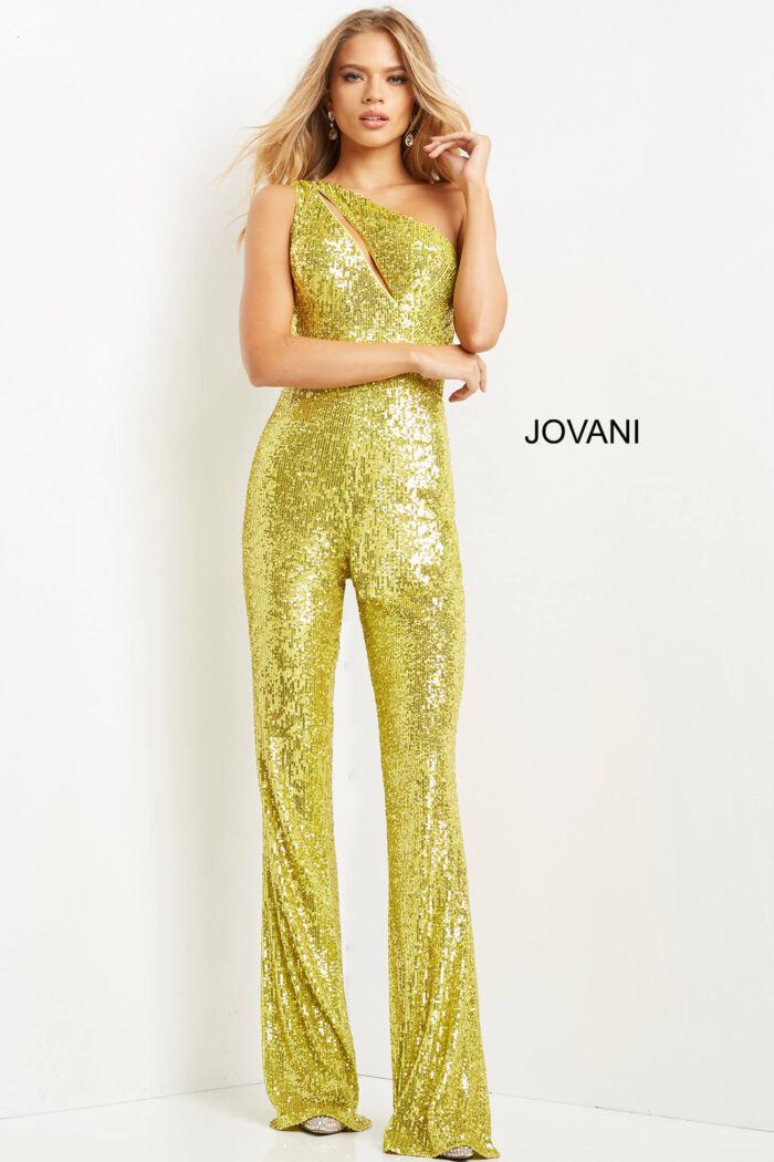 Model wearing Jovani 09017 Yellow One Shoulder Sequin Jumpsuit