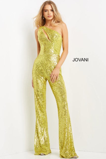 Model wearing Jovani 09017 yellow sequined one-shoulder jumpsuit with cutout.