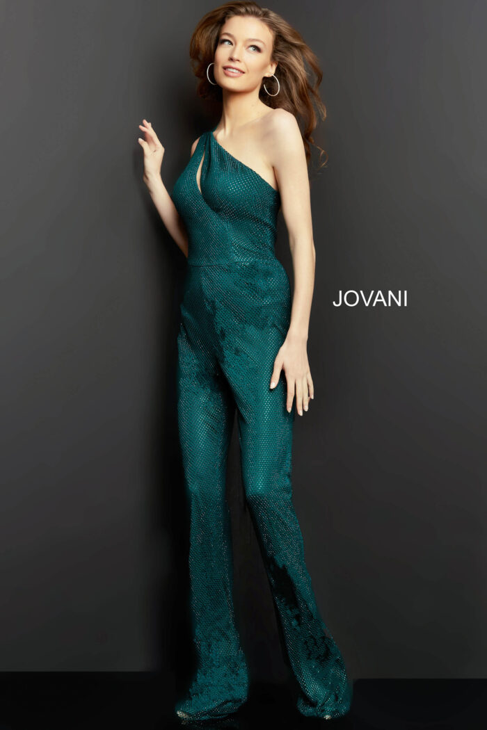 Model wearing Jovani 09018 Hunter Embellished One Shoulder Contemporary Jumpsuit