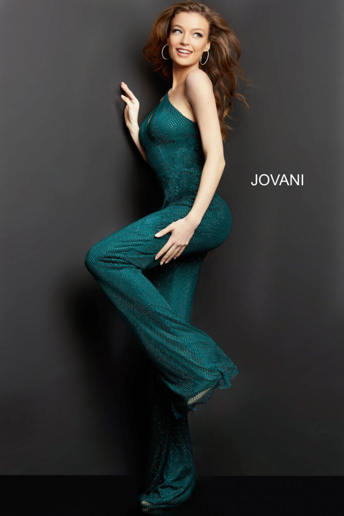 Jovani 09018 Hunter Embellished One Shoulder Contemporary Jumpsuit