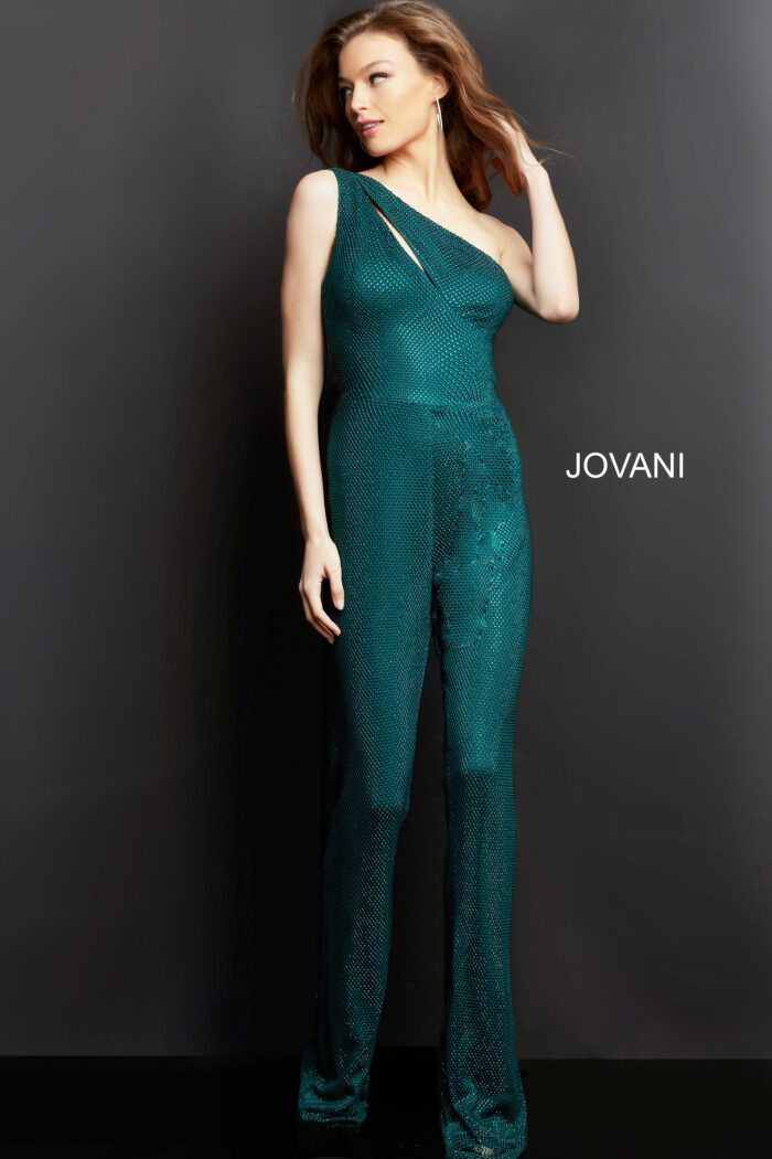 Model wearing Jovani 09018 Hunter Embellished One Shoulder Contemporary Jumpsuit