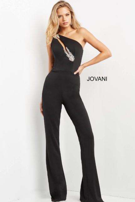 Model wearing Jovani 09019 black jumpsuit with one-shoulder design and embellishments