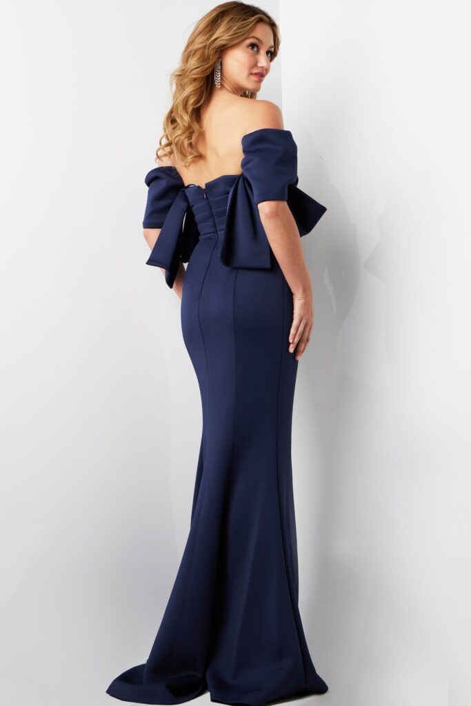 Jovani 09064 Navy Off the Shoulder Fitted Dress