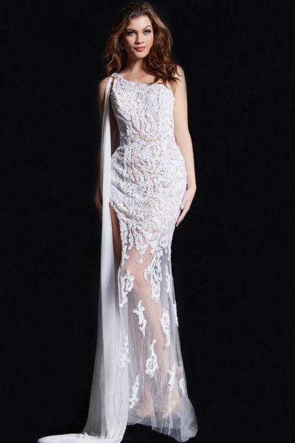 Model wearing Jovani 09882 floor-length white gown with high slit and floral appliqués from the front view.