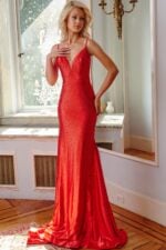 Full-length view of model in Jovani 08157 red gown.