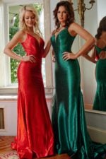 Two models wearing Jovani 08157 gown, one in red and one in green, with a v-neckline and beadwork.