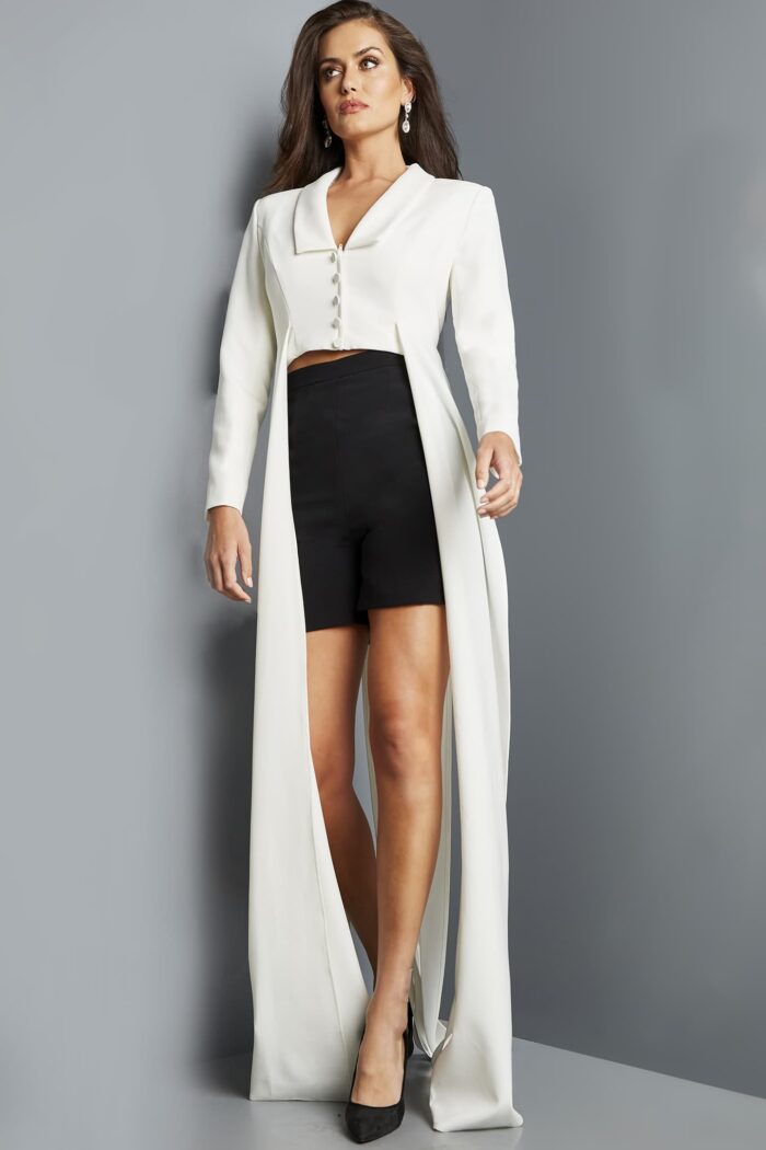 Model wearing Jovani 09127 Black White Long Sleeve Suit