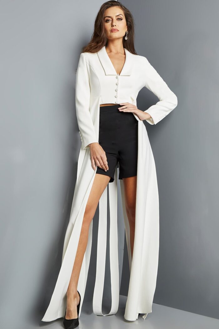 Model wearing Jovani 09127 Black White Long Sleeve Suit
