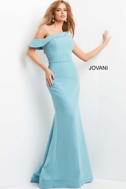 model wearing Jovani 09129 seafoam green dress front view