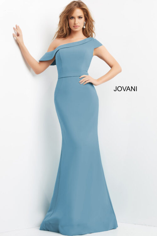 Model wearing Jovani 09129 Seafoam Asymmetric Neckline Sheath Evening Dress