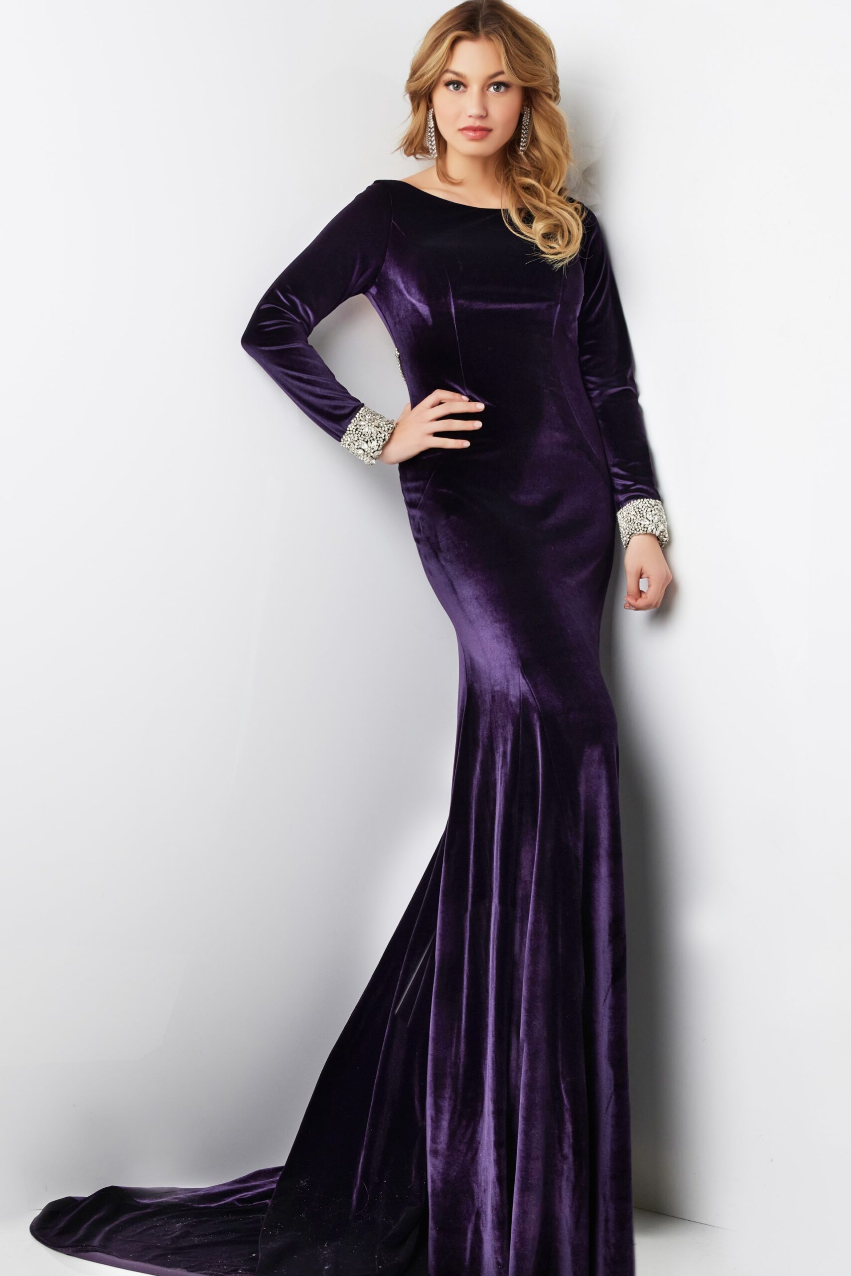 Model wearing Plum Velvet Backless Evening Gown 09139