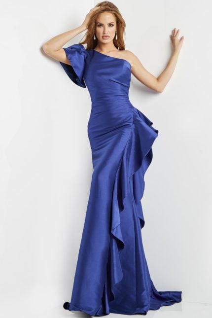 Model wearing Jovani 09201 elegant floor-length blue gown with a one-shoulder puff sleeve and ruffle detailing.