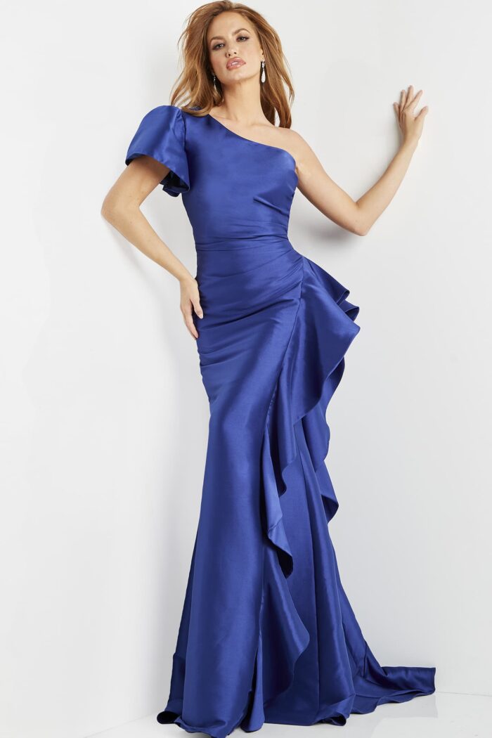 Model wearing Jovani 09201 Indigo One Shoulder Short Sleeve Evening Gown