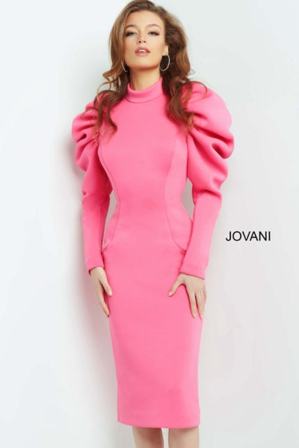 Model wearing Jovani 09355 pink dress with puff shoulders and high neckline, front view.