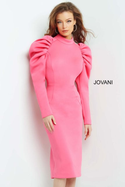 Model wearing Jovani 09355 pink dress with puff shoulders, side front view.