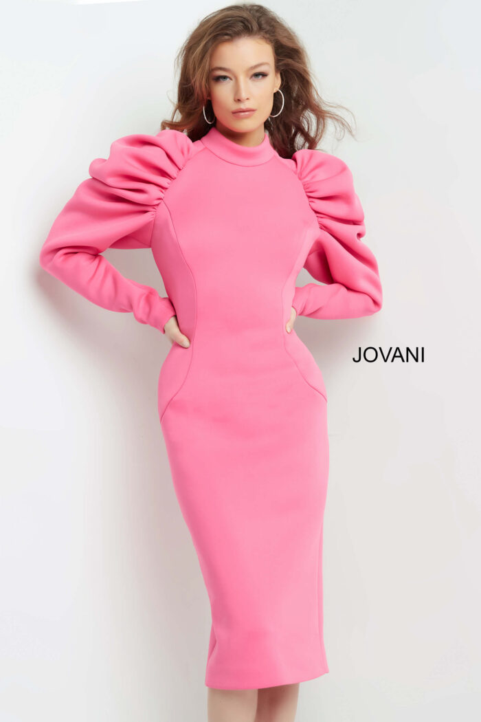 Model wearing Jovani 09355 Hot Pink Knee Length High Neck Cocktail Dress