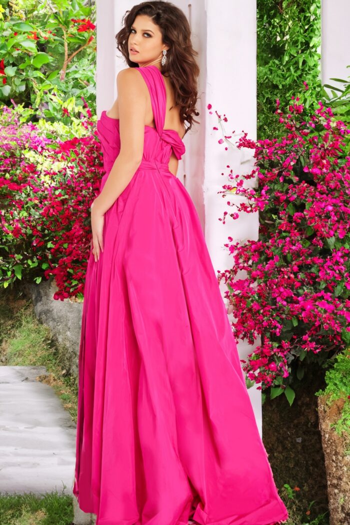 Model wearing Fuchsia A Line High Slit Gown 09368