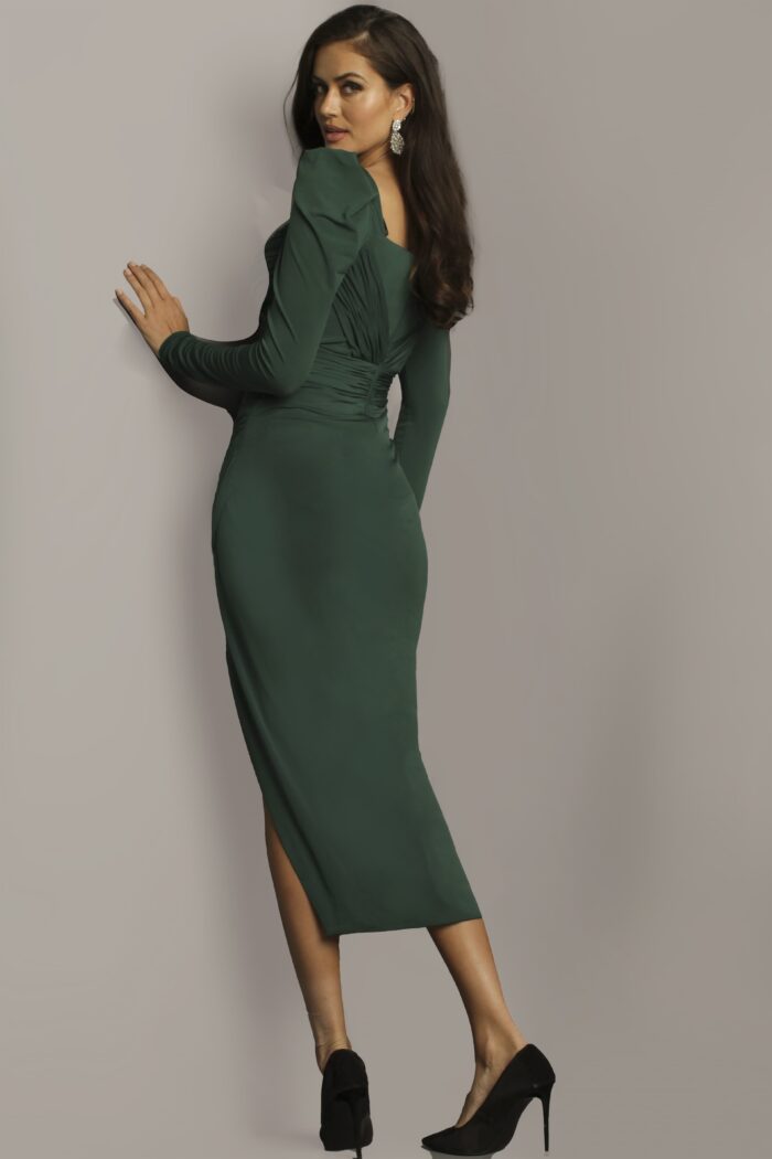 Model wearing Jovani 09402 Green Ruched Bodice Long Sleeve Dress
