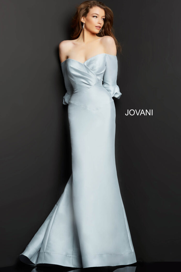 Model wearing Jovani 09420 Blue Three Quarter Sleeve Mermaid Evening Dress