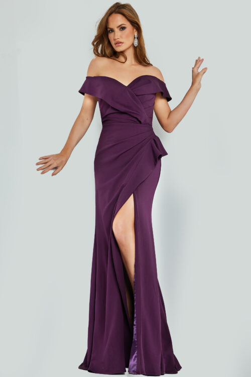 Model wearing Plum Off the Shoulder Pleated Bodice Dress 06286