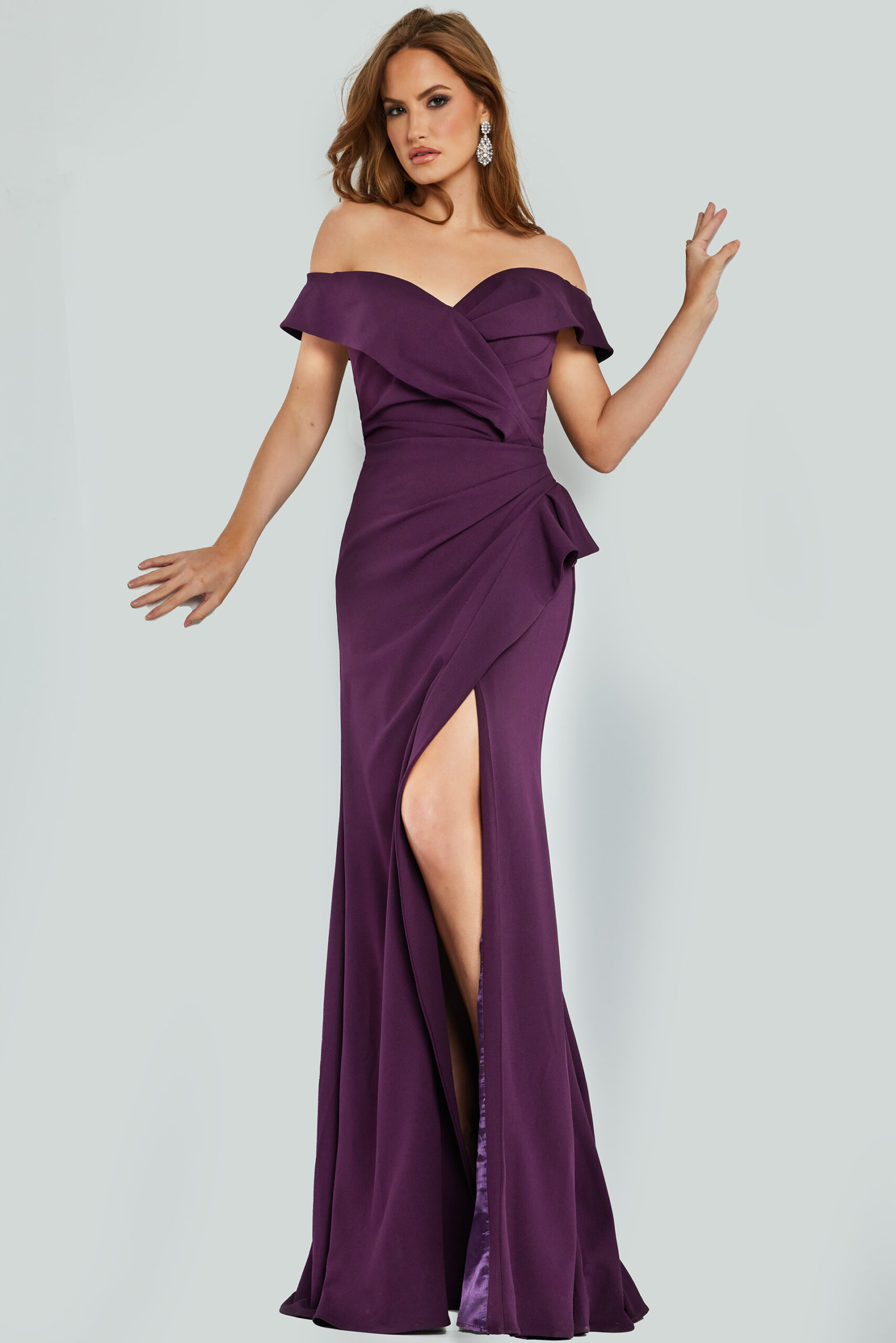 Plum Off the Shoulder Pleated Bodice Dress 06286
