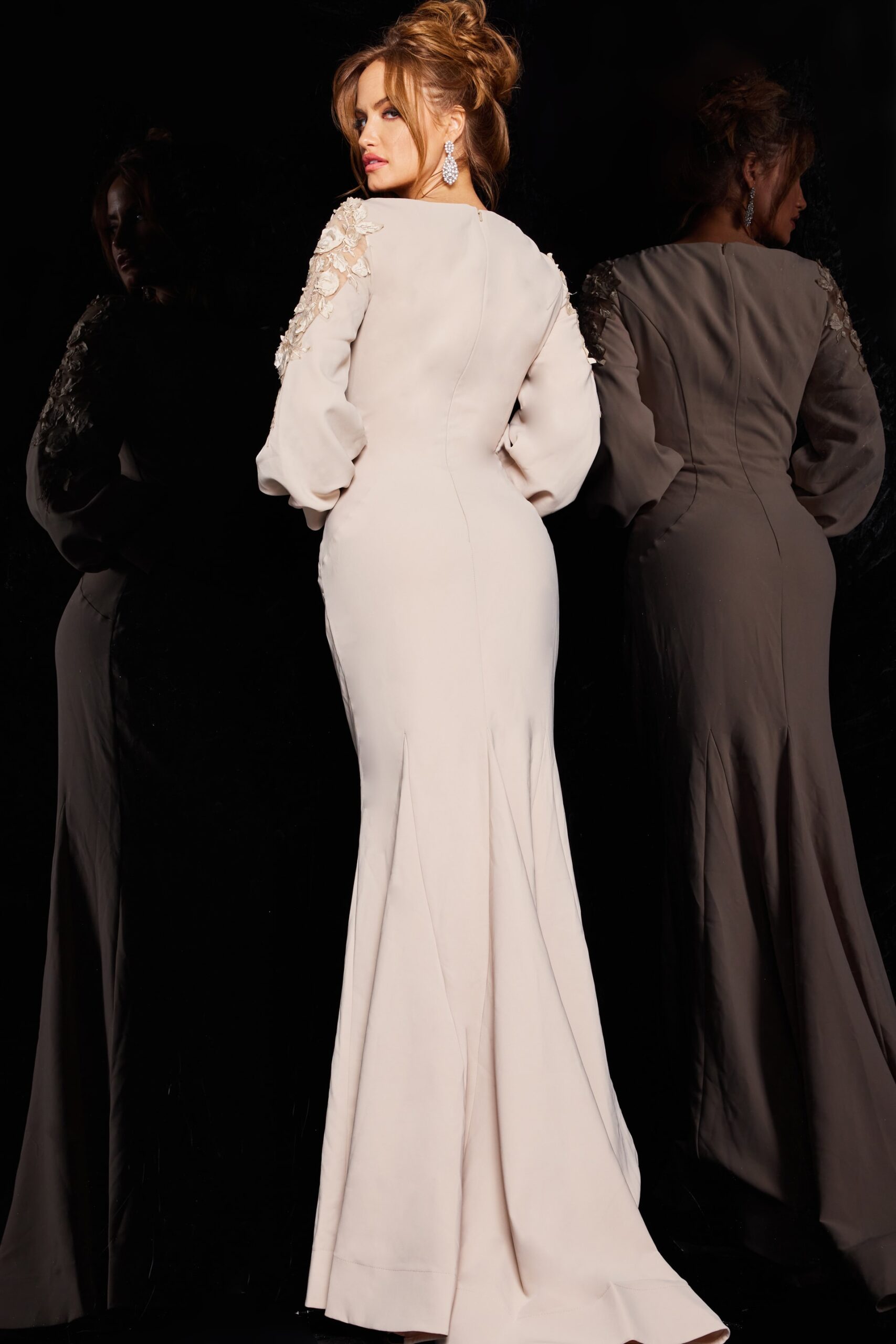 Beige Long Sleeve Ruched Formal Gown 09470