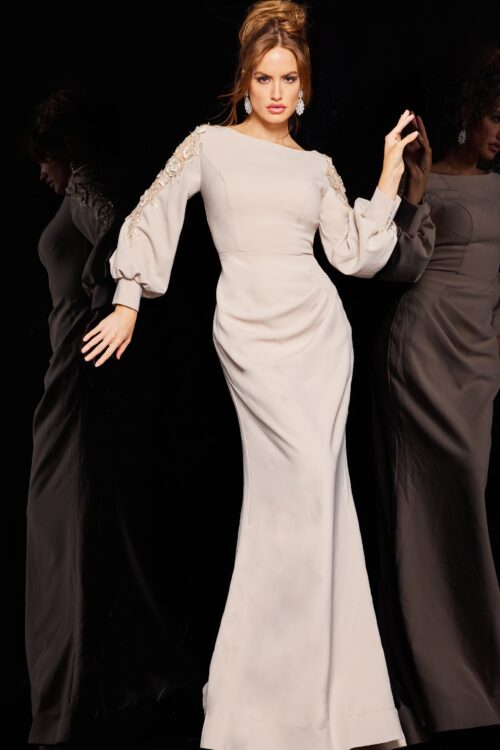 Model wearing Beige Long Sleeve Ruched Formal Gown 09470