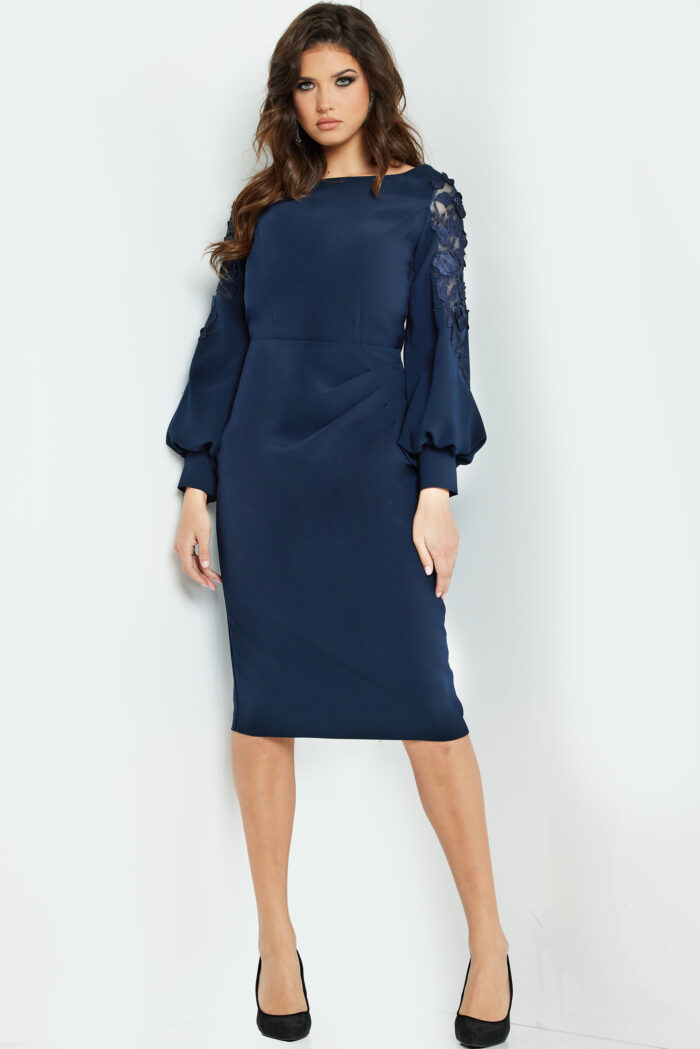 Model wearing Navy Fitted Knee Length Ruched Dress