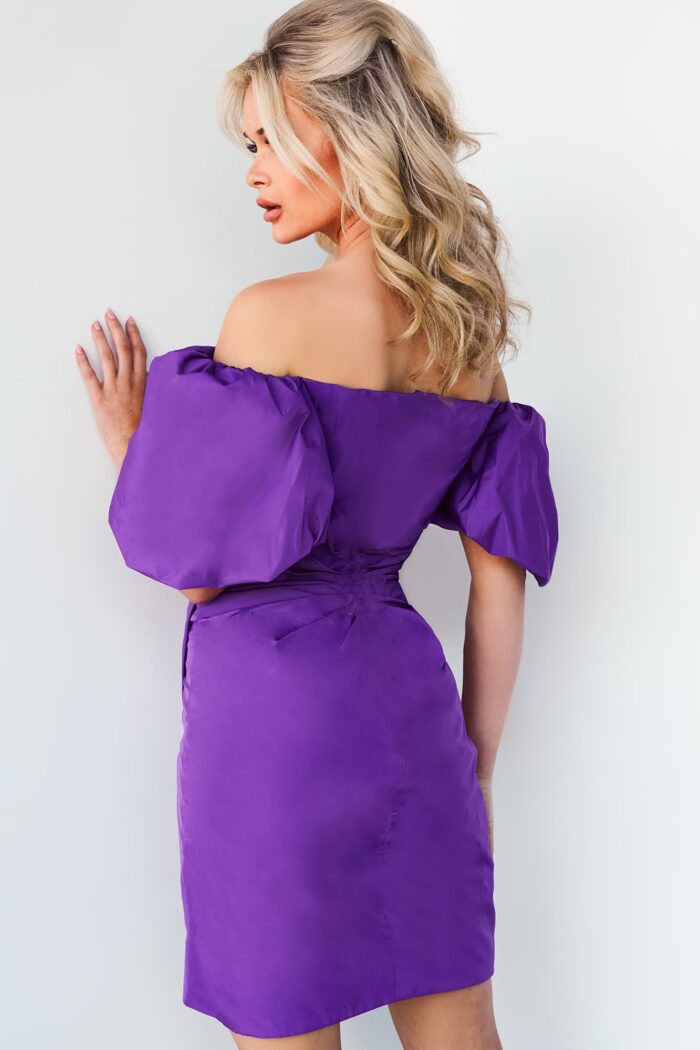 Model wearing Jovani 09476 Purple Off the Shoulder Ruched Homecoming Dress