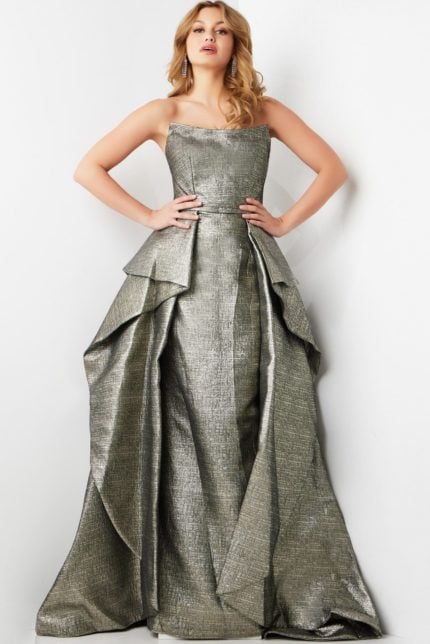 Model wearing Jovani 09481 gown with metallic texture in silver, front view.