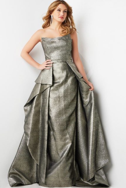 Model in Jovani 09481 showing A-line silhouette and metallic detail in silver.