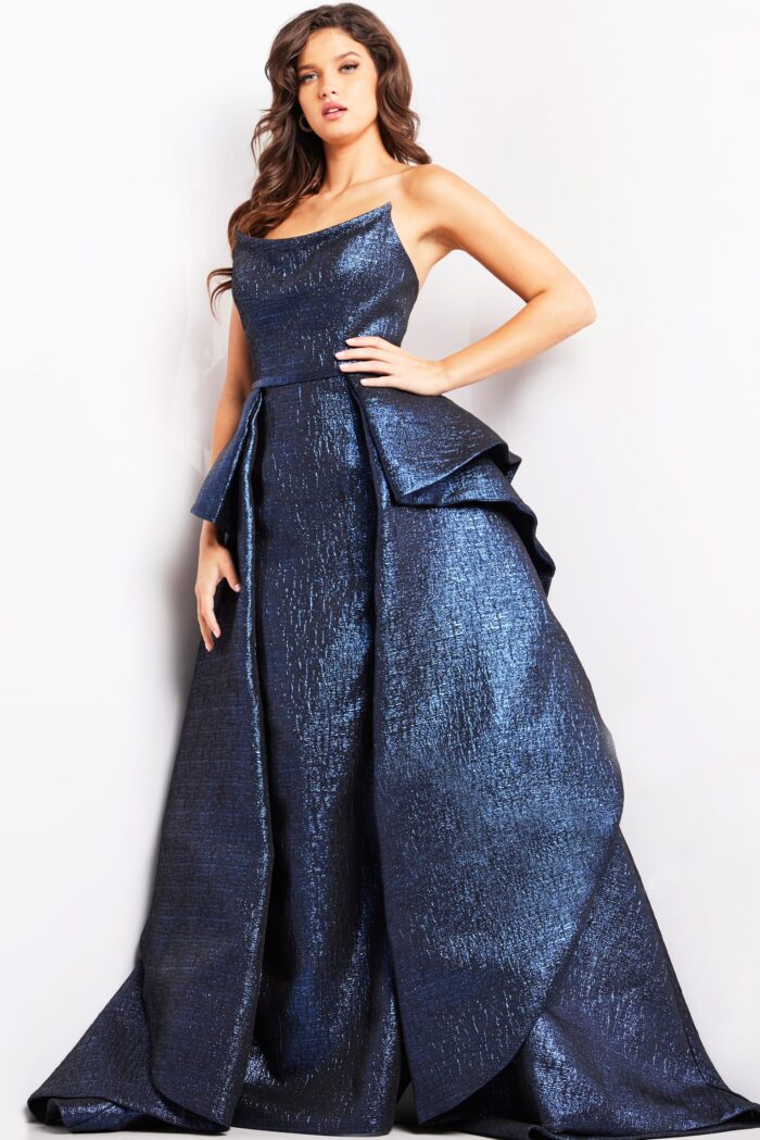 Model wearing Royal Metallic Strapless Dress 09481