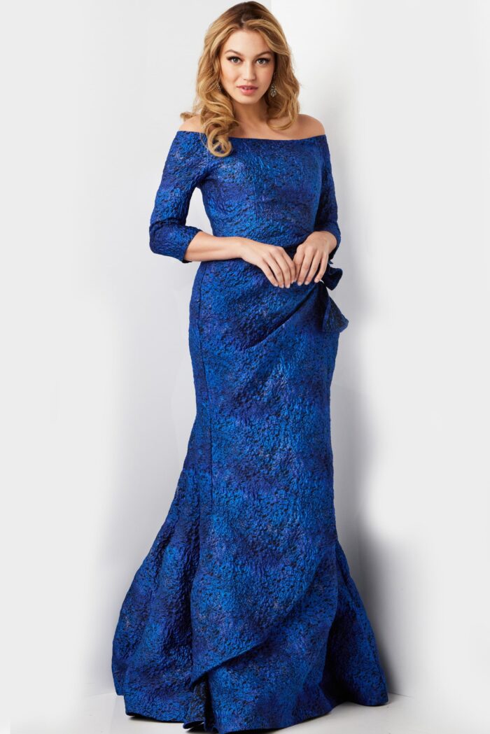 Model wearing Cobalt Three Quarter Sleeve Mermaid Dress 09550