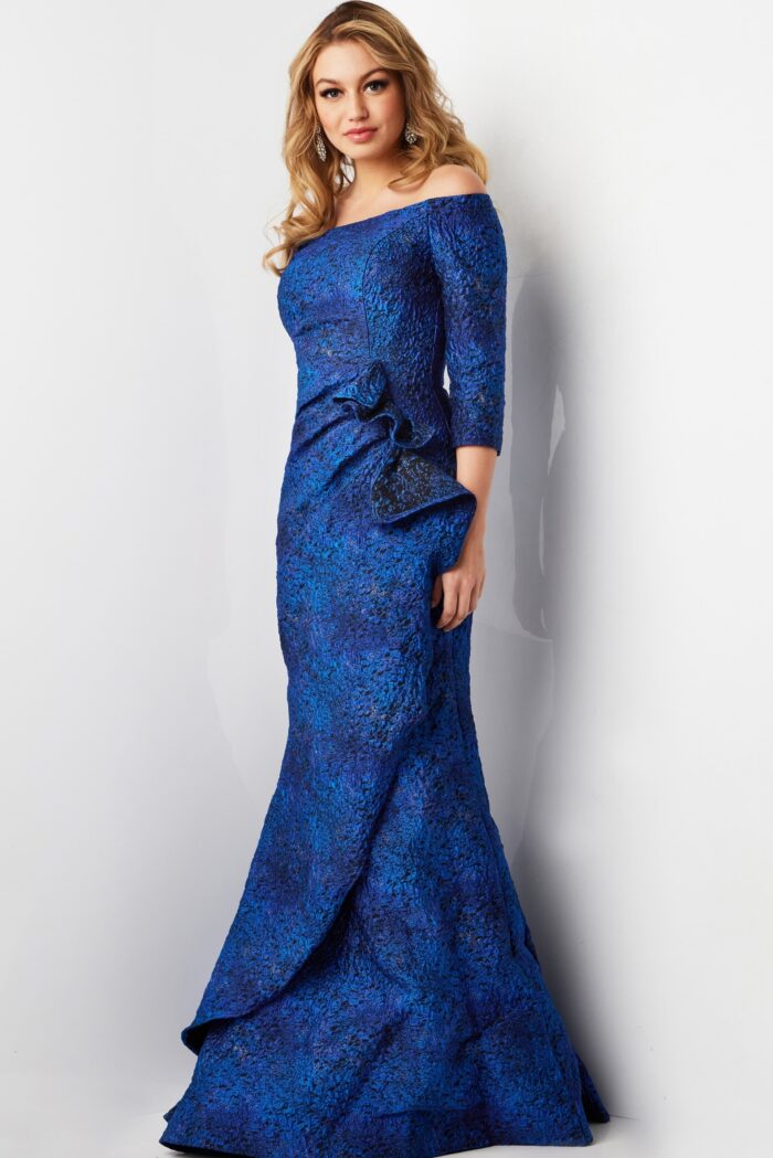 Model wearing Cobalt Three Quarter Sleeve Mermaid Dress 09550