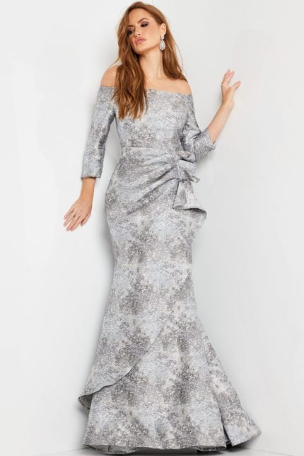 model wearing Jovani 09550 gray dress with off-the-shoulder neckline