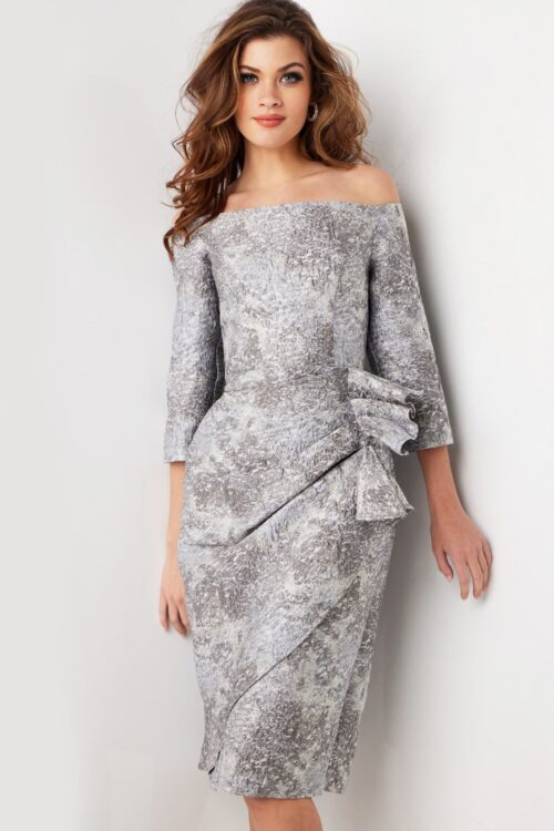 Model wearing Silver grey Three Quarter Sleeve Cocktail Dress 09551