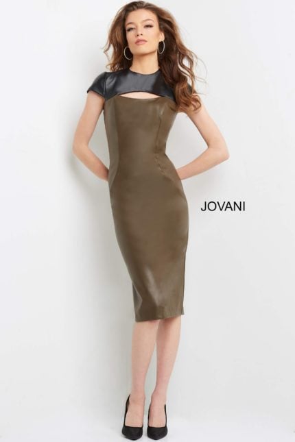 Model wearing Jovani 09584 dress back view with black and brown design