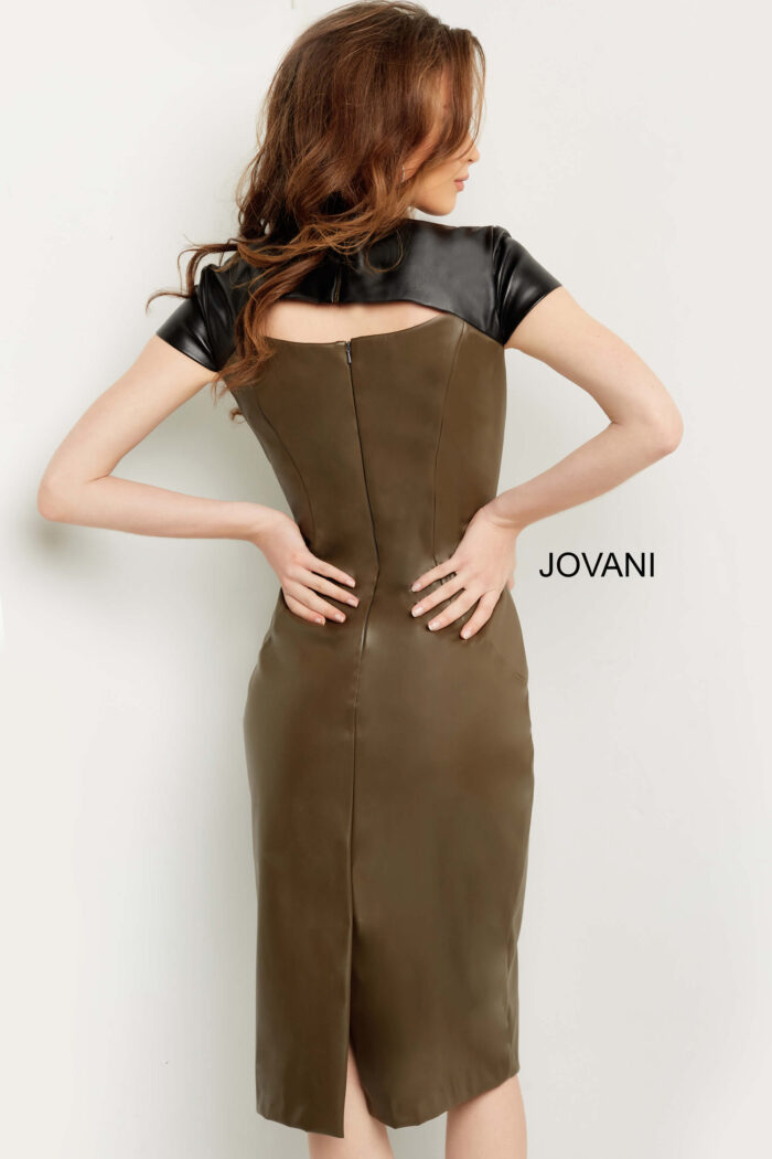 Model wearing Jovani 09584 Black Olive Cap Sleeve Knee Length Contemporary Dress