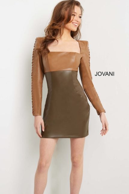 Model wearing Jovani 09585 camel and olive dress with square neckline and eyelet sleeves