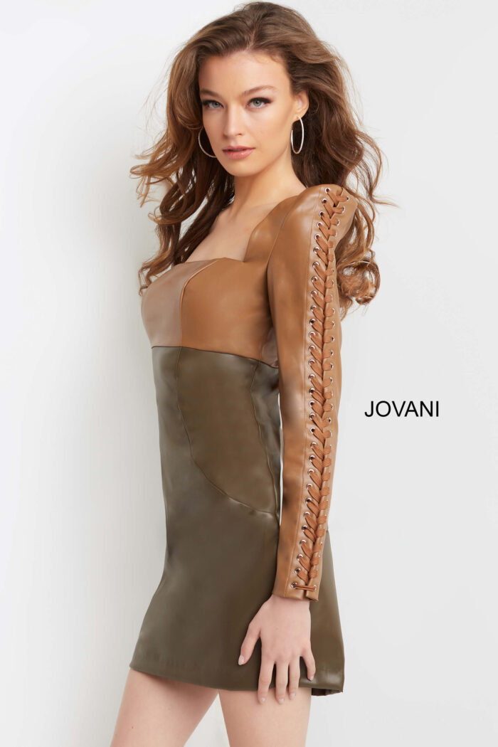 Model wearing Jovani 09585 Camel Olive Long Sleeve Vegan Leather Short Dress