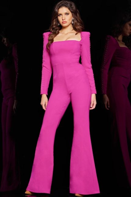 Model wearing Jovani 09588 in fuchsia, front view.