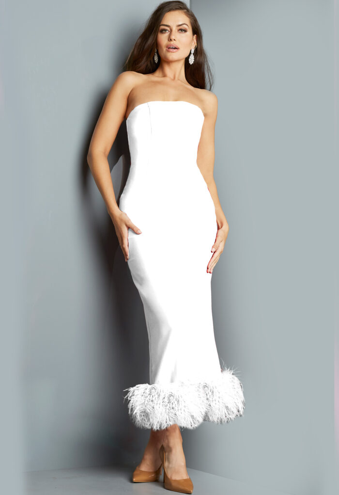 Model wearing Jovani 09630 Black Tea Length Feather Hem Sheath Dress